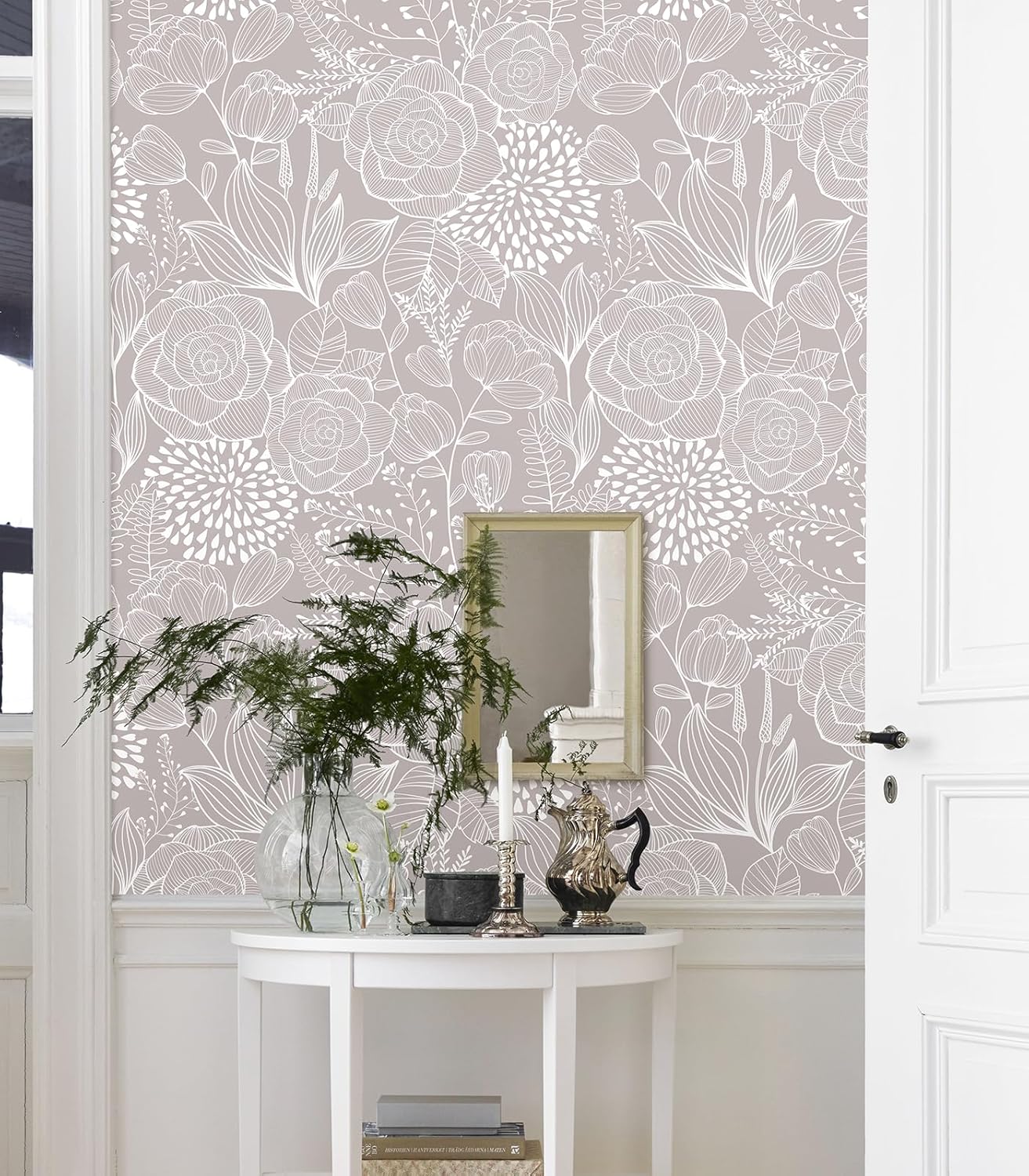Wudnaye Grey and White Peel and Stick Wallpaper Floral Contact Paper 17" x 196.8" Boho Floral Self Adhesive Wallpaper for Bathroom Modern Neutral Removable Wall Paper for Cabinets Vinyl Decorative
