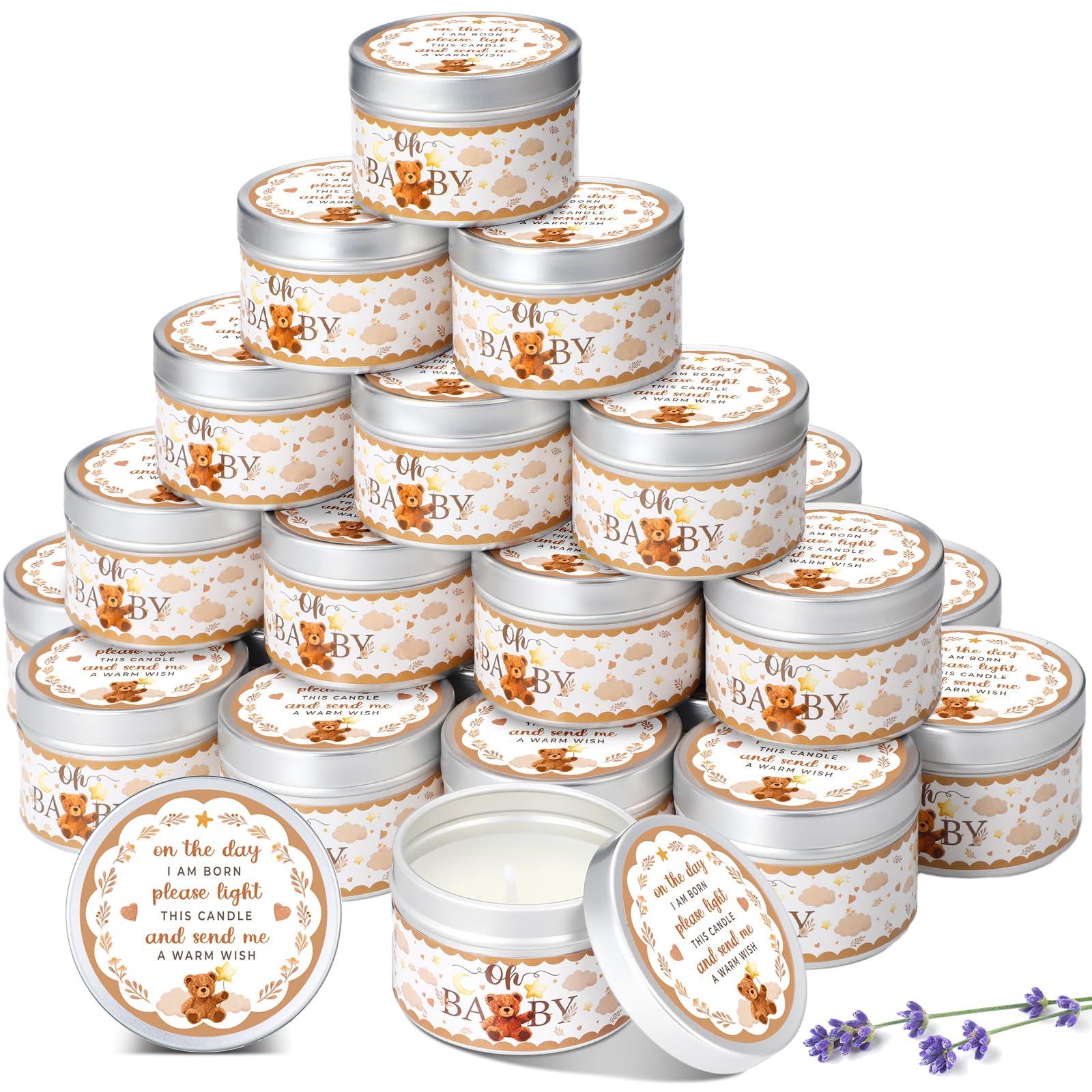 MTLEE 24 Pcs Baby Shower Party Favors - Lavender Scented Rustic Tea Lights Candles for Gender Reveal, Return Gifts (Bear Style)