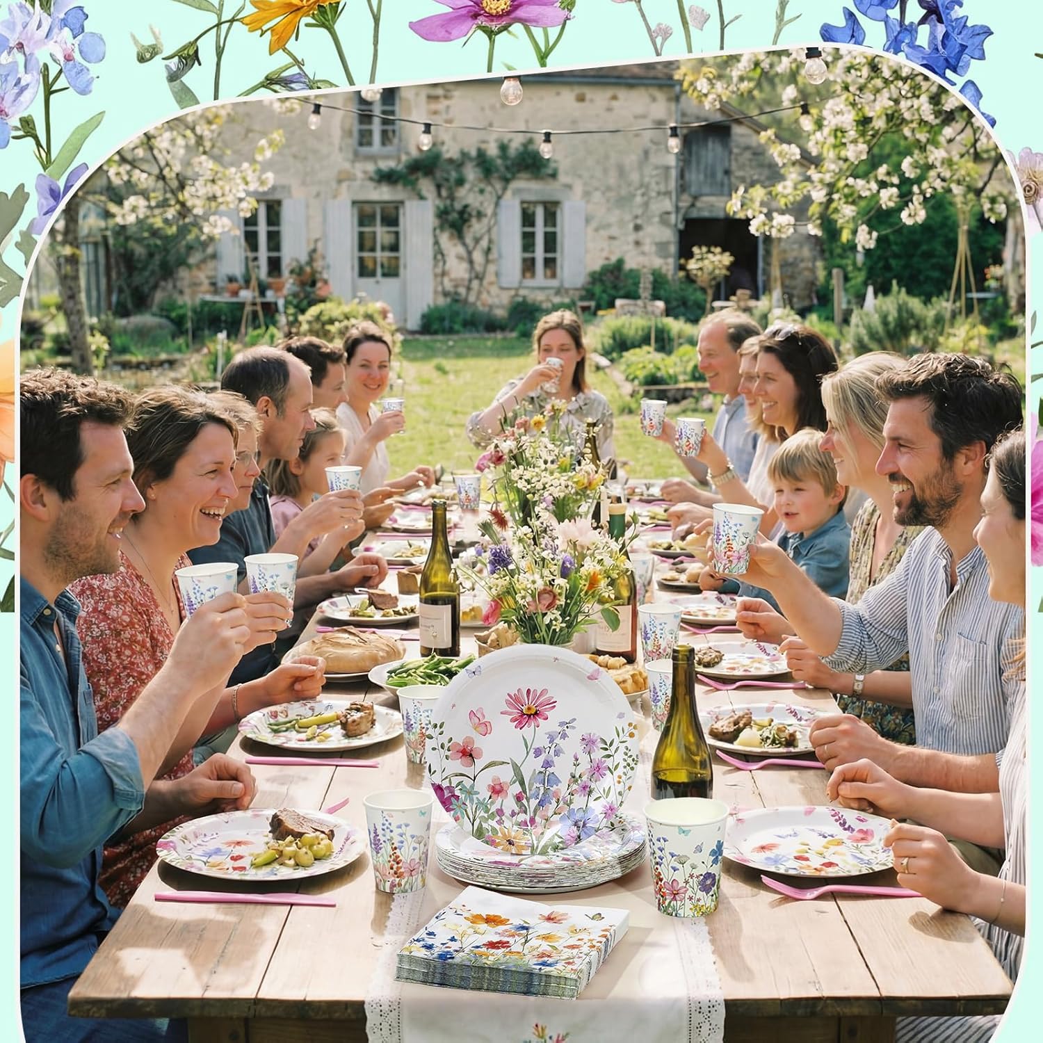 Yungyan 216 Pcs Wildflower Party Supplies Spring Floral Paper Plates Napkins Cups Plastic Knives Forks Spoons for Wildflower Wedding Bridal Shower Birthday Spring Tea Party Decors Serve 36