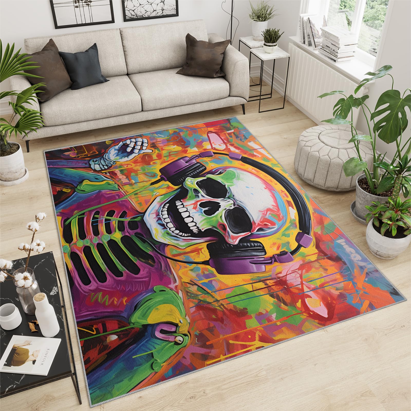 Tapis moderne résistant aux taches et à l'aquarelle graffiti pour chambre à coucher, salon, garçons et adolescents, motif tête de mort, 140 x 200 cm