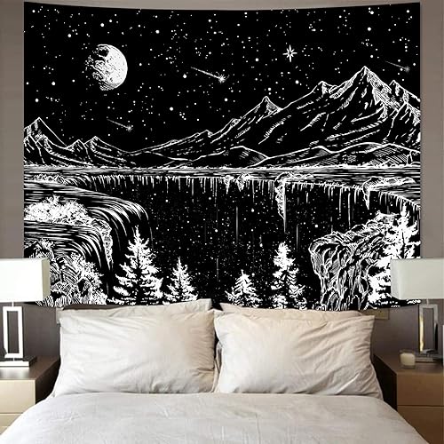 Miniatura 3 de Zussun Tapiz blanco y negro tapiz de montaña de noche estrellada para dormitorio luna y estrellas tapiz estético para colgar en la pared tapiz de