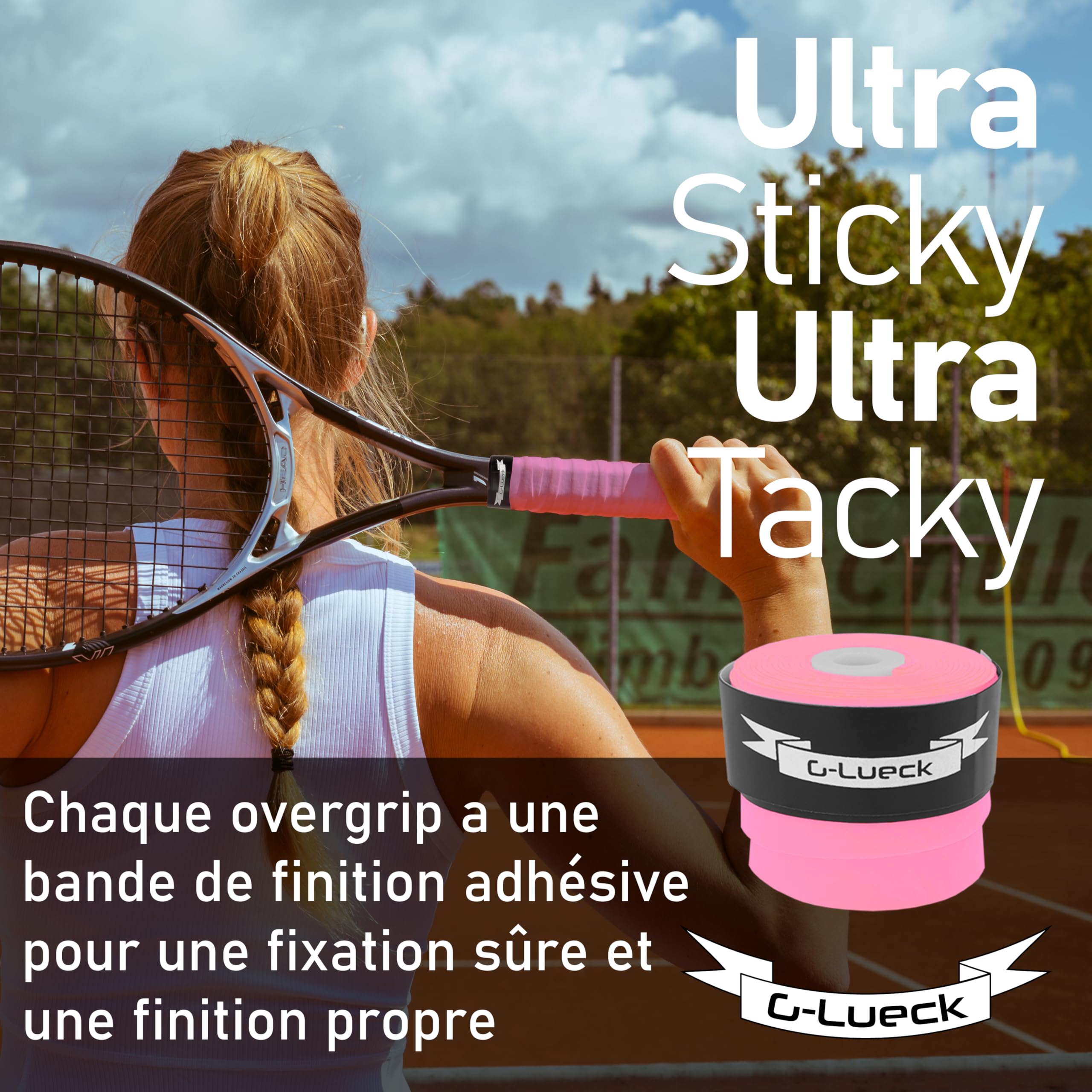 G-Lueck Lot de 50 overgrips de Tennis (très adhérents) | Talent Grip | 0,50-0,60 mm d'épaisseur | Surgrips pour Raquette de Squash, Badminton et Baby-Foot avec Bande de Finition adhésive |