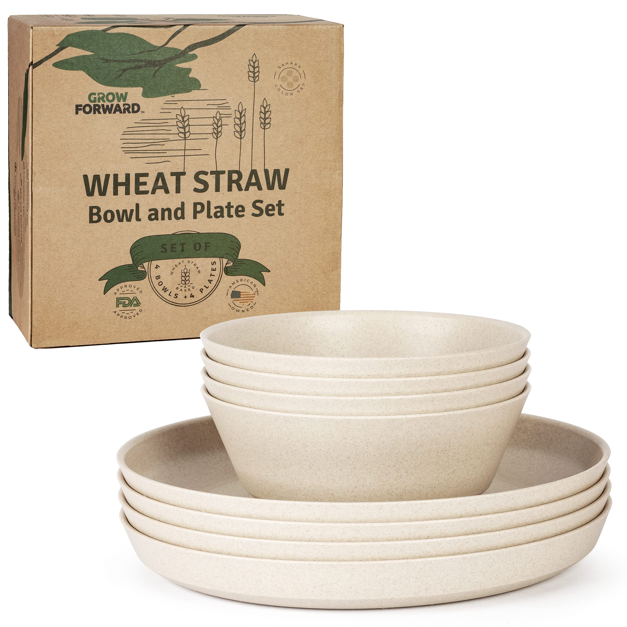 Grow Forward Premium Wheat Straw Plates and Bowls Sets - 8 Piece Unbreakable Microwave Safe Dishes - Reusable Dinnerware Sets - Bowls for Cereal, Soup, Camping, RV - Sahara