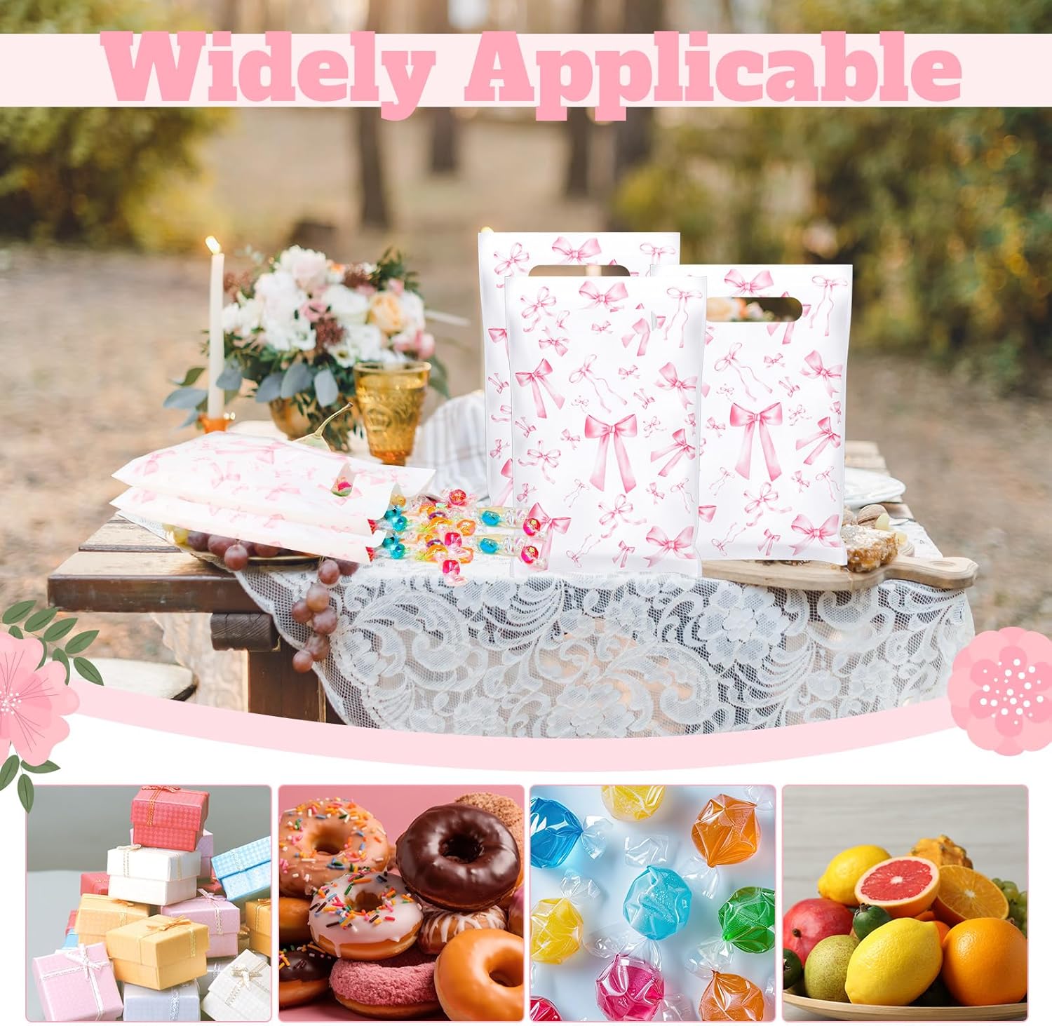 Supervitae 100 Pcs Easter Plastic Pink Bow Gift Bags Coquette Bow Party Favor Bags Bulk with Handle for Birthday Wedding Bridal Shower Spring Easter Goodie Candy Treat Bachelorette Party Supplies - Image 5