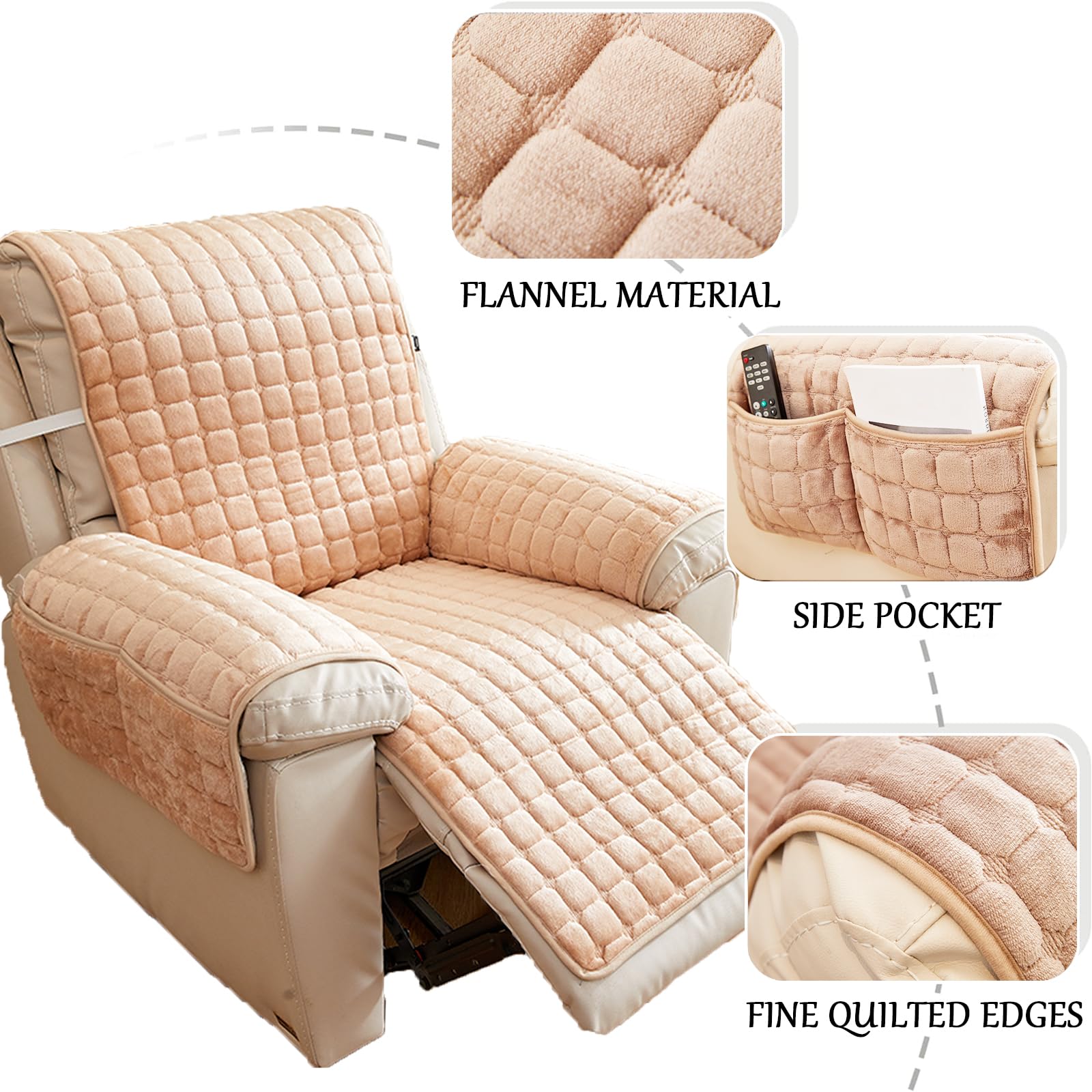 Copripoltrona Peluche 1/2/3 Posto con Braccioli, Copridivano con Tasche per Poltrona Reclinabile Elettrica Copri Divano Antiscivolo Antimacchia AntiGraffio (Beige,2 Posti (116x190cm))