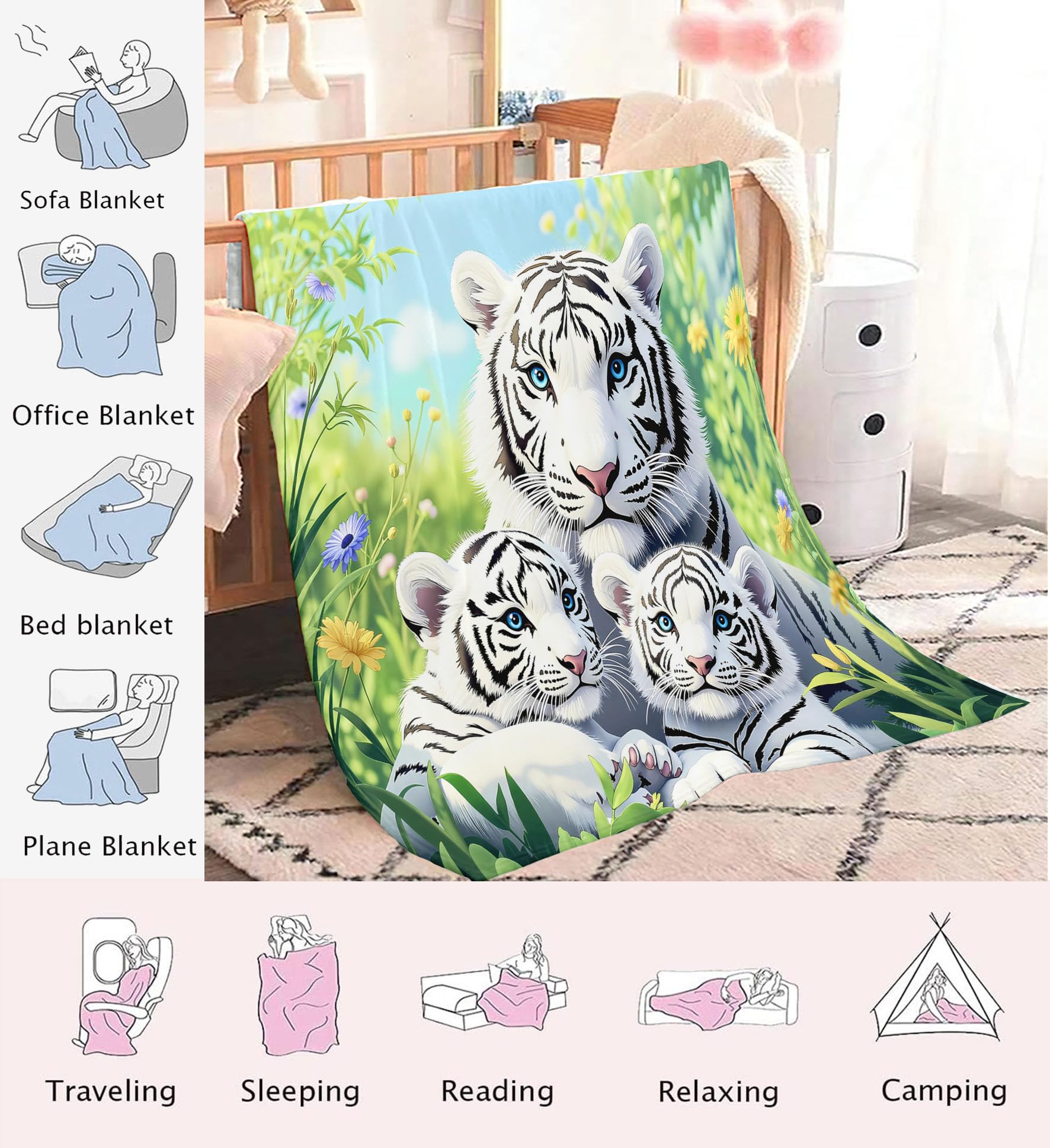 Manta En Blanco Negro - Manta con Estampado Tigre Plantas Verdes Acogedora, Mantas Naturaleza Vida Silvestre Franela Ligera Suave, para niñas niños Adultos la cama el sofá y los viajes 220x240 cm