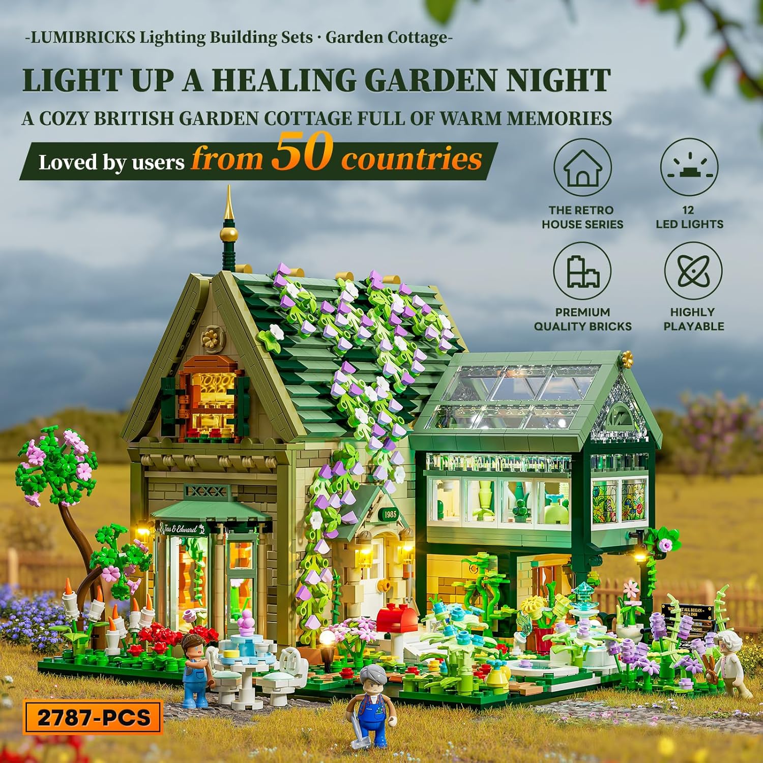 Garden Cottage Lighting Building Bricks Set - 2787 Pcs Retro Garden Cabin House Construction Building Model Set for Adults and Cabin Model Lovers