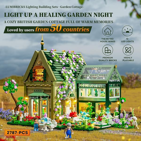 Lumibricks Klemmbausteine Gartenhaus mit Beleuchtung, 2787 Teile Retro Gartenhütte Bauset für Erwachsene, Haus Modellbausatz für Architektur- und Hütten-Liebhaber - 2