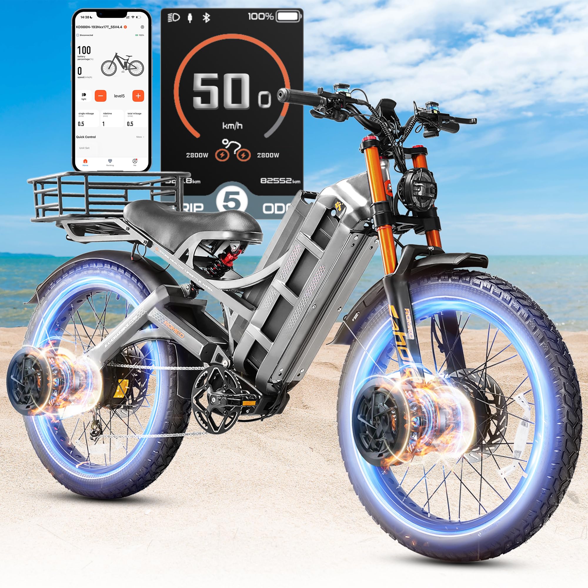 eAhora2025 Romeo Pro 2/Pro 3 46-50Mph Electric Bike for Adults, 4000W/5600W Dual Motor Ebike, 52V 70Ah/60V 80Ah 200+Miles Long Range E Bike, 26 * 4.0" Fat Tire, Full Suspension, All Terrain, UL2849