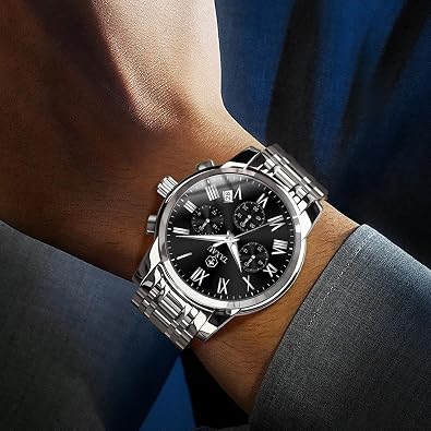 Taxau Stainless Steel Mens Watches with Day Date Quartz Analog Large Face Classic Watch Arabic Numerals Dress Luminous Rlojes para Hombres