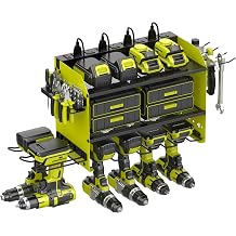 Wall Mount Drill Storage Rack with Charging Station Power Tool Organizer Drill Holder Drill Bit Organizer for Garage Workshop Holds 4 Drills with 8 Outlet Power Strip Christmas GiftGreen Three Layer