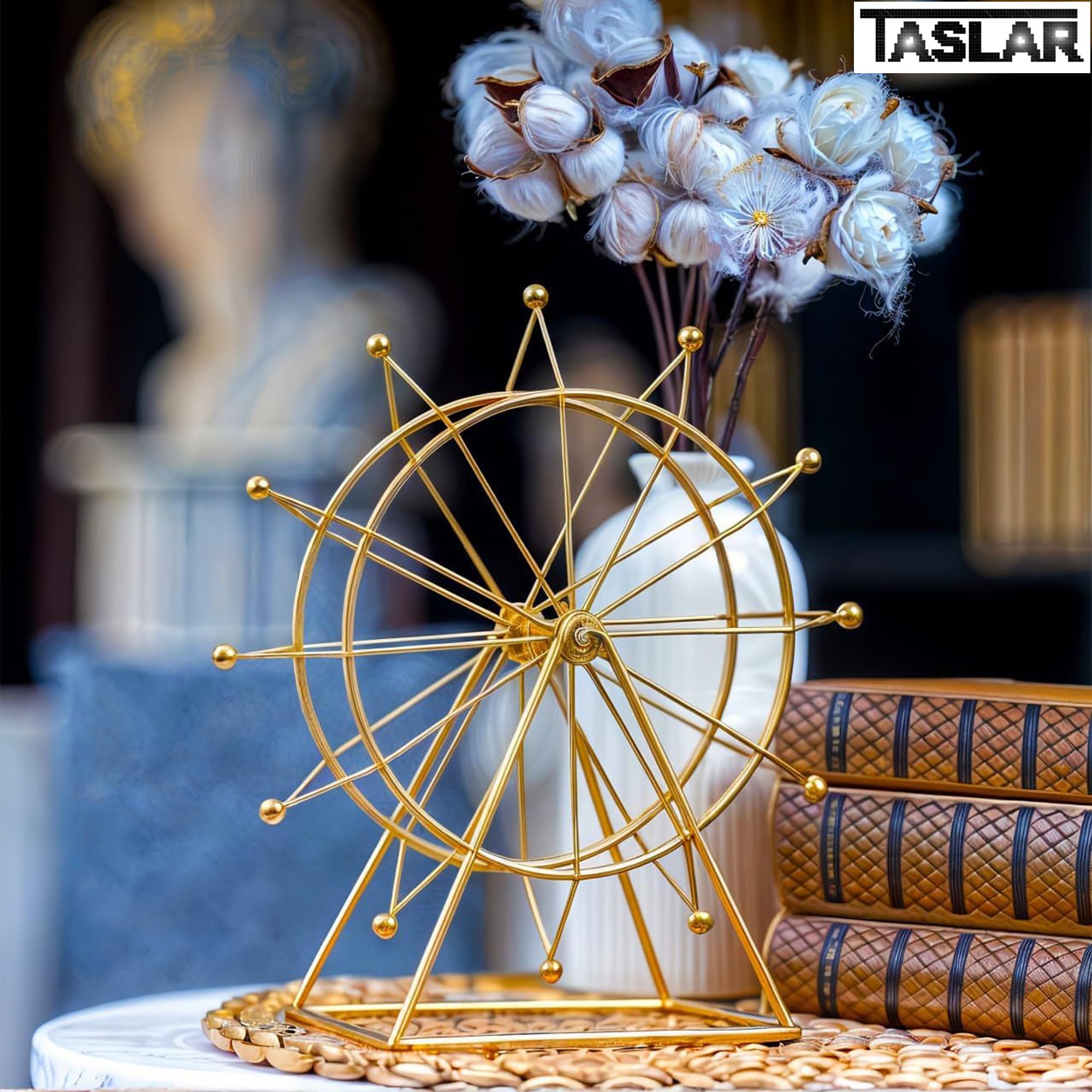 TASLAR Ferris Wheel Model Home Decorations Desktop Iron Figure Ornaments Metal Modern Shelf Rotating Accent for Living Room Office Entryway, Home Decor, Desk Ferris Wheel Decoration Modern Gift (Gold) 3