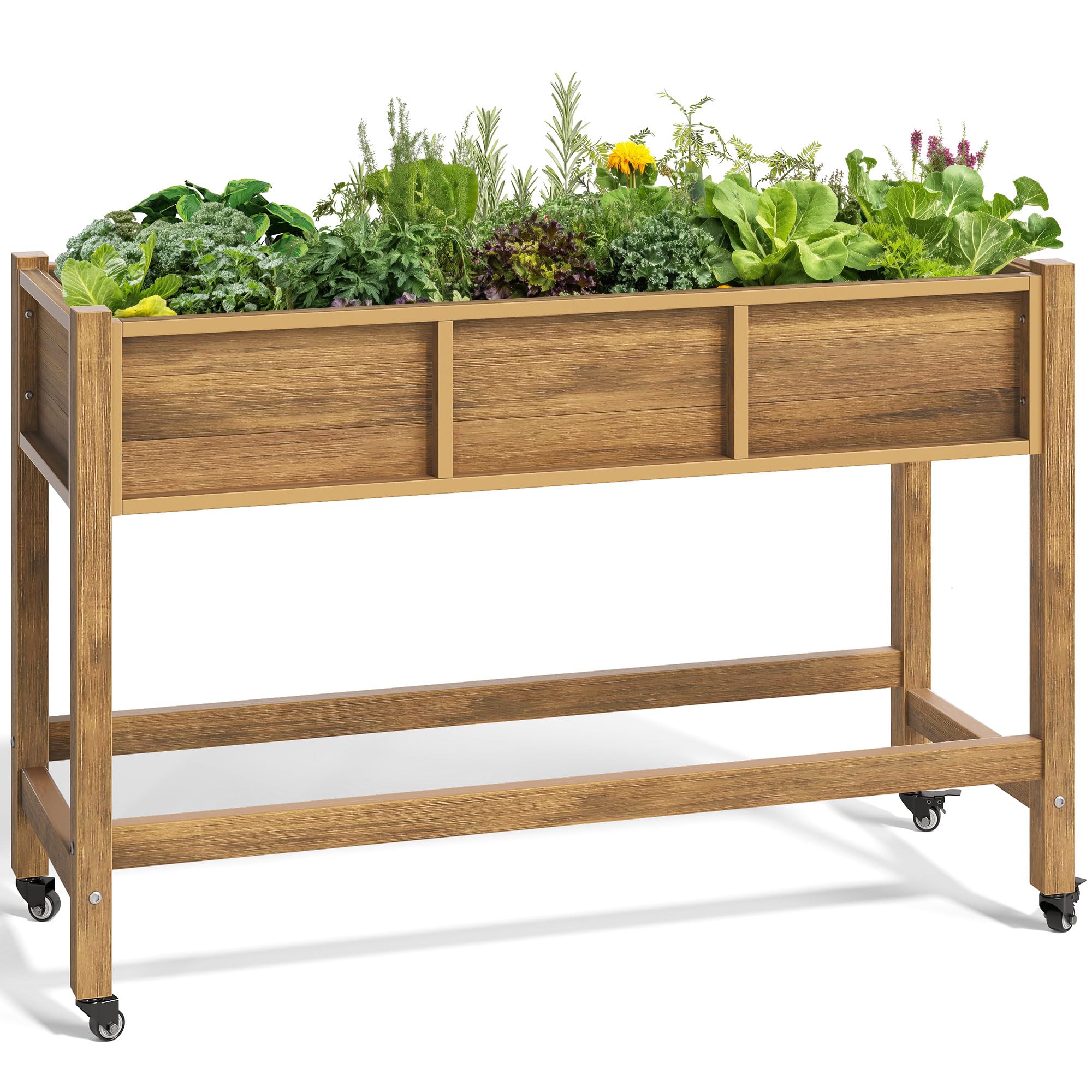 YITAHOME Raised Garden Bed, 47x18x31 Inch HIPS Poly-Wood Weather-Resistant Elevated Planter Box with Lockable Wheels for Vegetable, Brown