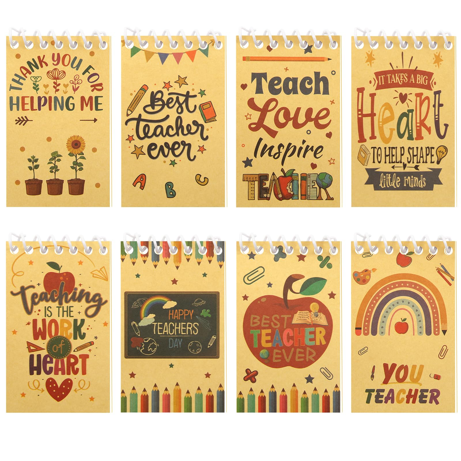8 Pack Teacher Appreciation Notebooks, Teaching is a Work of Heart Kraft Small Spiral Notepads, Thank You Teacher Mini Pocket Notebook for Happy Teachers Day Gift,Classroom Office School Supplies