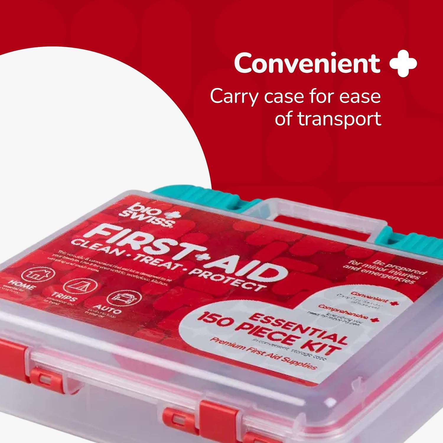 BioSwiss First Aid Kit, 150-Piece Emergency Medical Supplies Kit with Storage Case for Home, Car and Travel