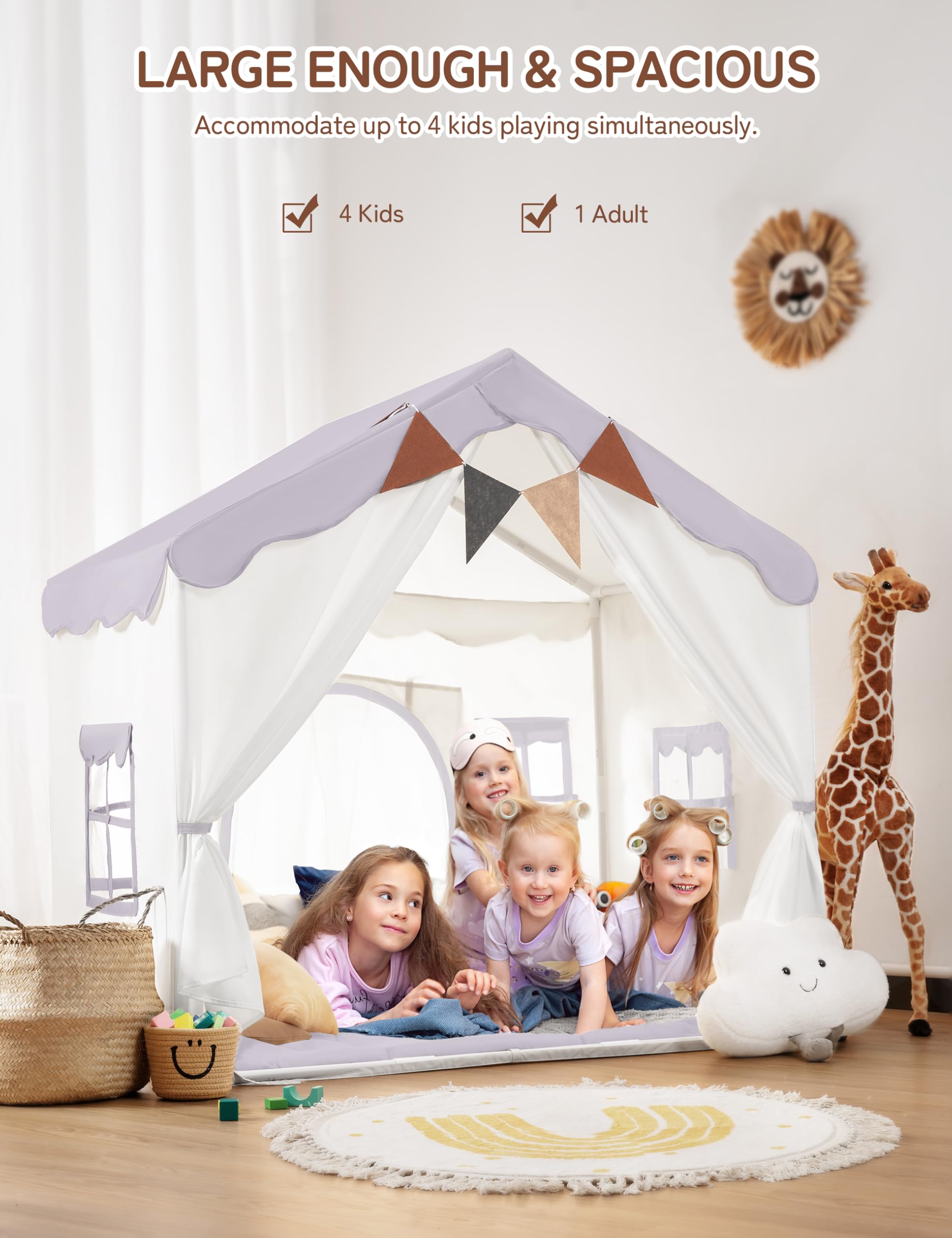 besrey 2 IN 1 Kinderzelt, Kinder Spielhaus Indoor mit Matte und Lichtern, Kinder Bettzelt,Spielzelt für Drinnen,Prinzessin Zelt, Kinderspielhaus, Kuschelecke Kinderzimmer Dekor ab 3 Jahre Lila