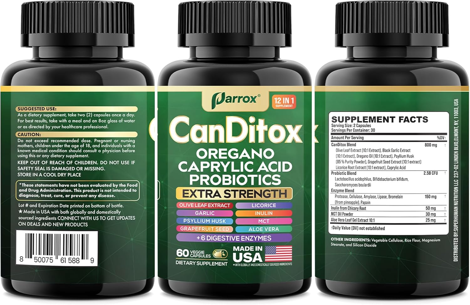 CanDitox Capsules, Oregano, Caprylic Acid, Garlic, Olive Leaf, Psyllium Husk, Licorice, Probiotics, Inulin, Aloe Vera, MCT Oil, Grapefruit Seed, Digestive Enzymes, Bromelain, Lipase 60 Capsules