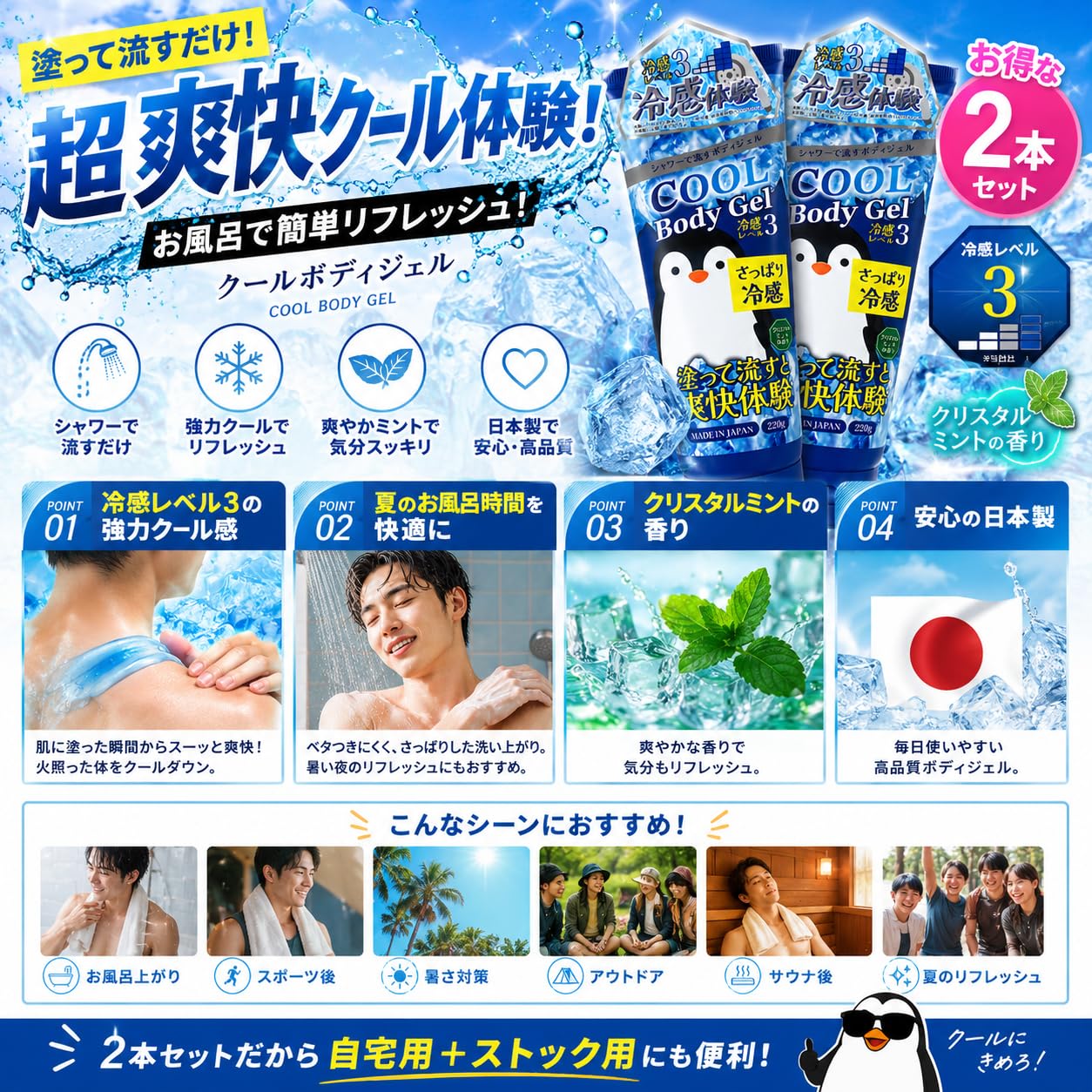Amazon | シャワーで流すだけ！クールボディジェル 220g×2本セット