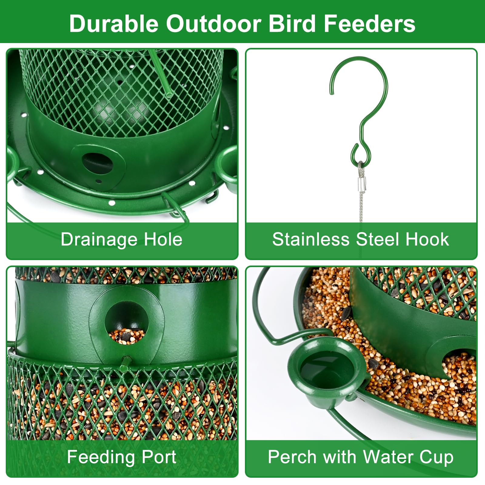Comedero Pájaros Exterior Colgante 2.5L Resistente al Clima, Comedero Pajaros Metal con 360° Área de Alimentación, Alimentador de Acero Inoxidable para Aves Silvestres, Gorriones, Jardín