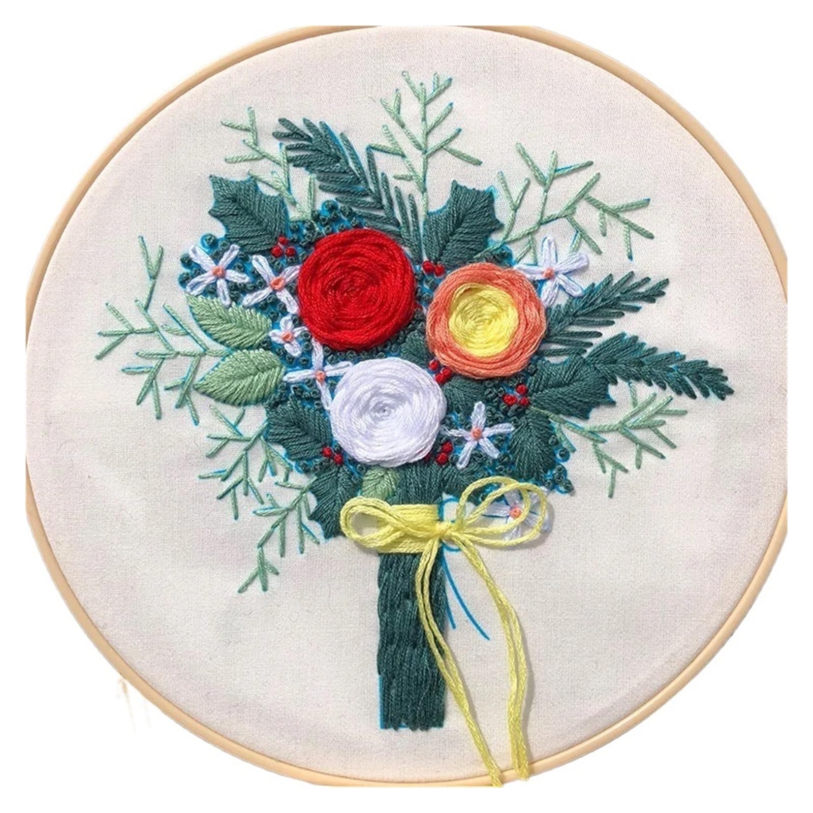 Zestaw do haftowania dla początkujących, DIY, haft krzyżykowy z obręczą 20 cm, wzór roślin i kwiatów, kompletny zestaw startowy do kreatywnych projektów, 6 nici do haftowania w zestawie