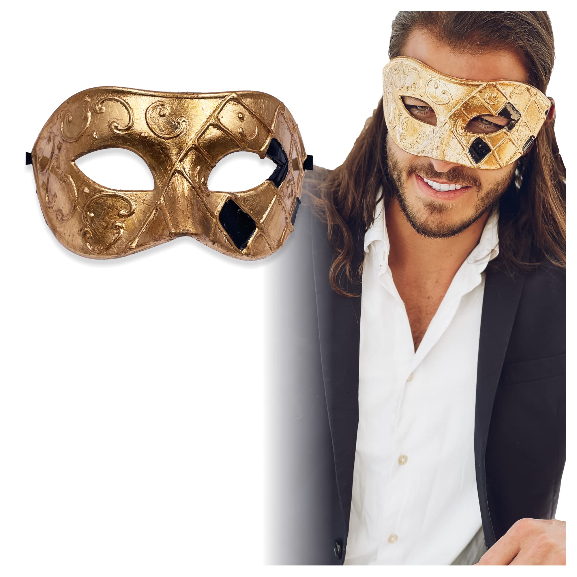 Masquerade Mask For Men - Antique Look Mask for Halloween, Venetian Party, Masquerade Party, Mardi Gras, & Prom, Gold/Black/Antique Finish, One size
