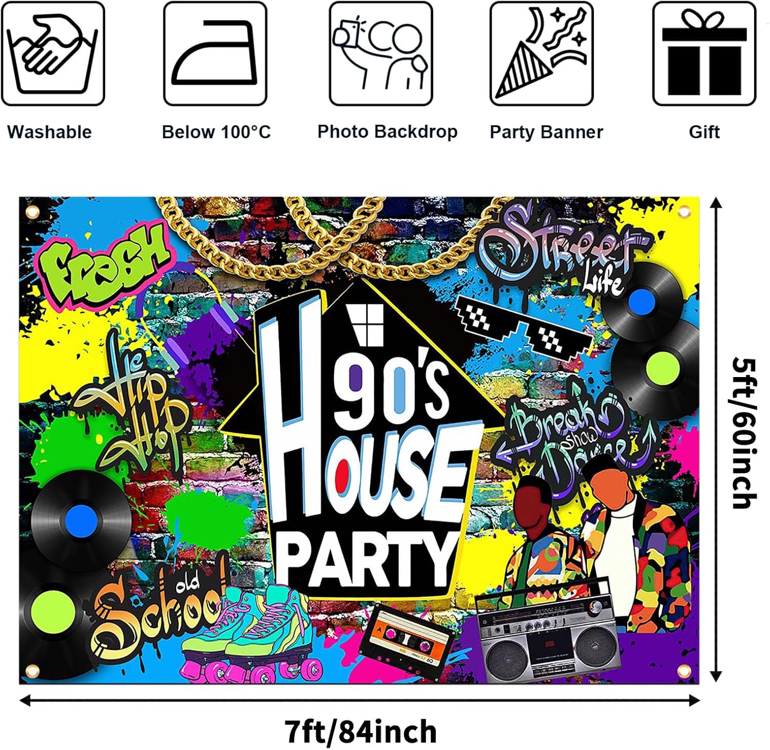 Avezano 90s House Party Backdrop Hip Hop Graffiti 90's Theme House Party Decorations Retro Radio Brick Wall Party Banner (7x5ft)
