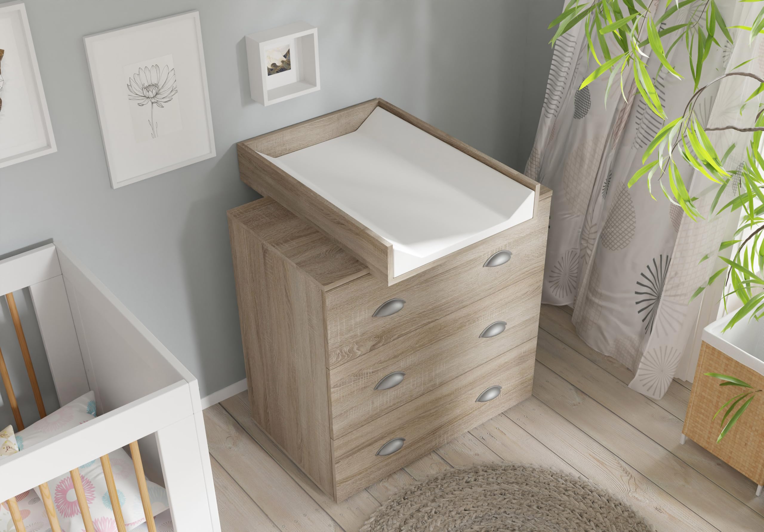 BIM Furniture Commode à Langer Bébé, Table à Langer, Plan à Langer Inclus 3 Grands Tiroirs Rangement pour Chambre de Bébé Chêne Sonoma (L: 80 x H: 90 cm) Mia