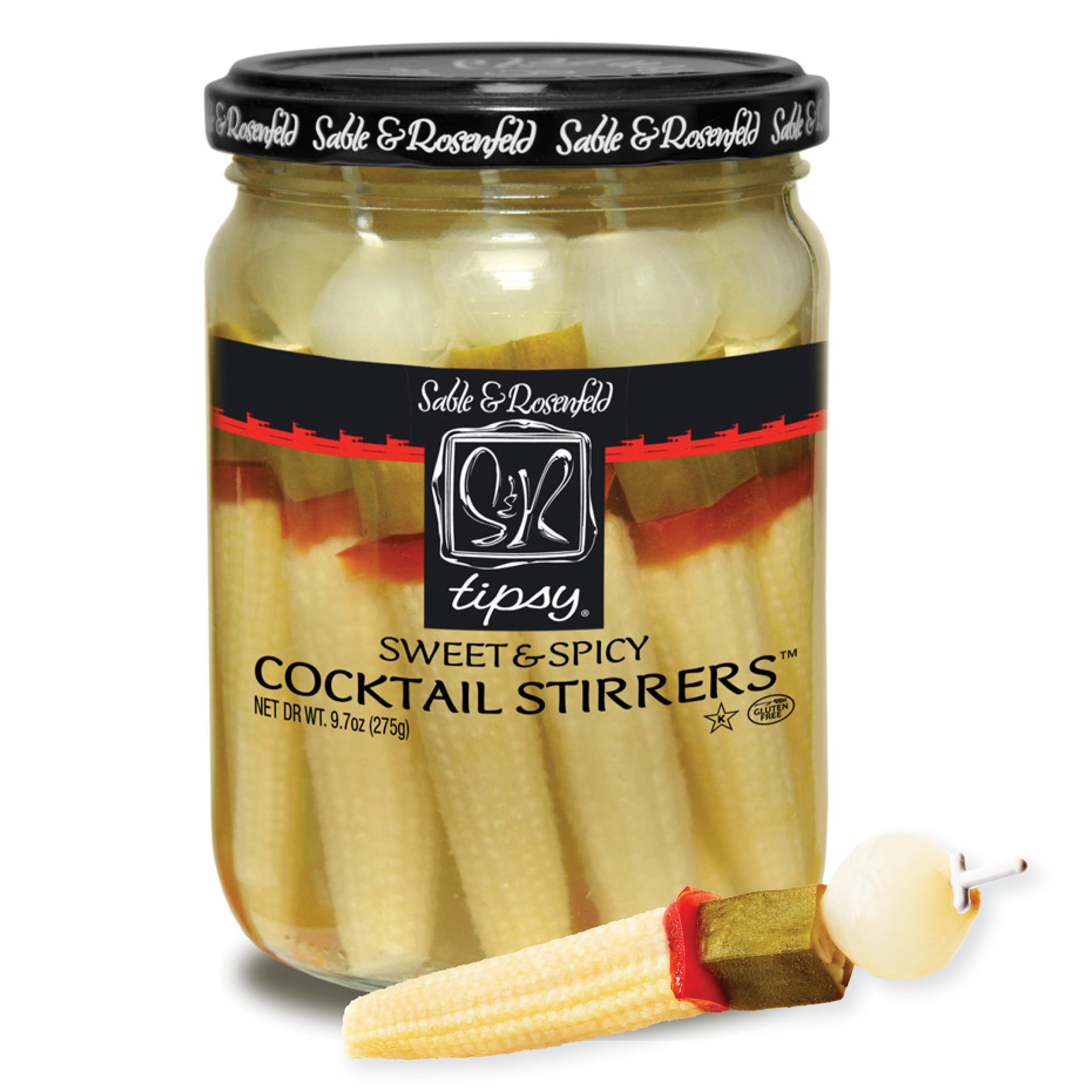 Sable & Rosenfeld Tipsy Sweet & Spicy Cocktail Stirrers 16 oz Jar (Pack of 1), Pickled Vegetable Cocktail Garnish for Bloody Mary, Kosher, Gluten-Free