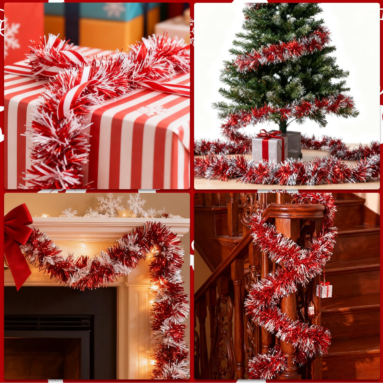 20m Espumillon Arbol Navidad Guirnalda - Rojo Guirnaldas Natal Navideñas Christmas Garland, Espumillón Navidad Decoracion Adornos para Exterior Hogar Puerta Escaleras Balcon