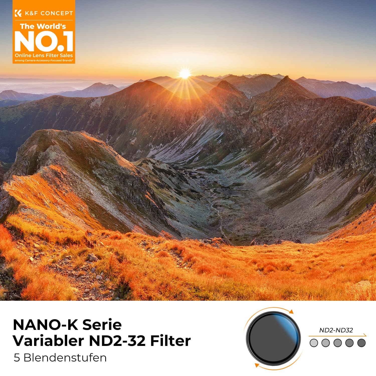 K&F CONCEPT Nano-K Serie ND Filter 62mm Variabler Graufilter ND2-32 (1-5 Blendenstufen)