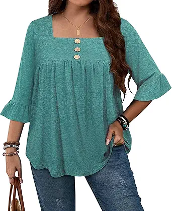 Plus Size Womens Blouses 3/4 Flutter Sleeve Square Neck Tunic Shirts Button Business Work Fall Tops 2025(XL-5XL)