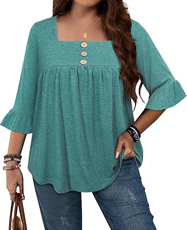 Plus Size Womens Blouses 3/4 Flutter Sleeve Square Neck Tunic Shirts Button Business Work Fall Tops 2025(XL-5XL)
