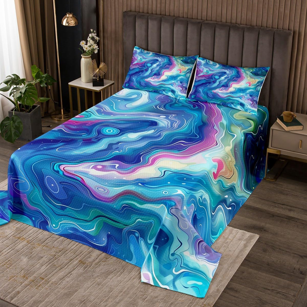 Marble Print Kids Bedspread Twin Size,Marbling Abstract Stone Luxury Texture Coverlet Set,Boys Girls Room Decor,Tie-dye Graffiti Artwork Quilted Coverlet,Teal Bedding Quilt,1 Pillowcase
