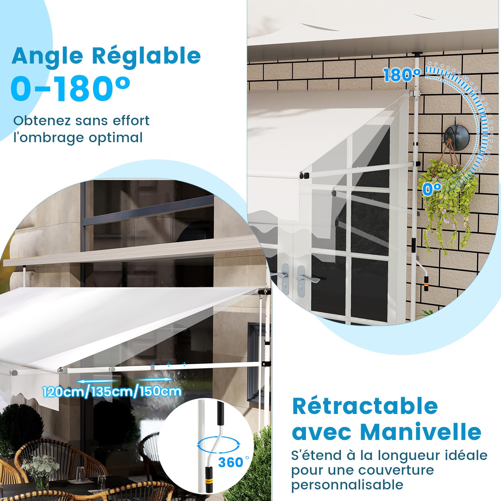 RELAX4LIFE Store Banne Manuel Rétractable avec Manivelle | Auvent Rétractable Résistant aux UV, Imperméable | Hauteur&Angle Réglable | Store Banne sans Percage pour Balcon, Terrasse (4x2,3 M,Blanc)