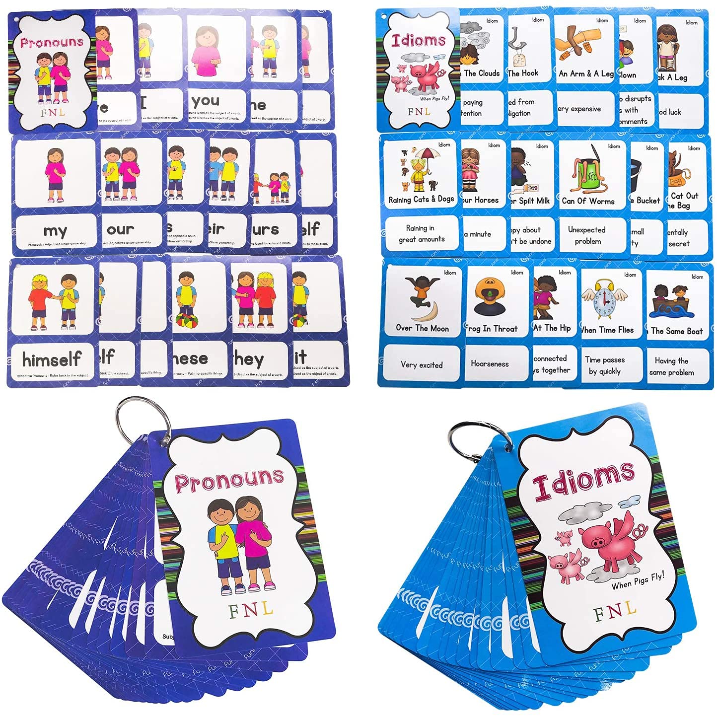 HONTOUSIP Set of Idioms and Pronouns Flash Cards for Kids|Learning Pocket Cards|For Kindergarten/Teacher/Autism Therapists Tools and Toys