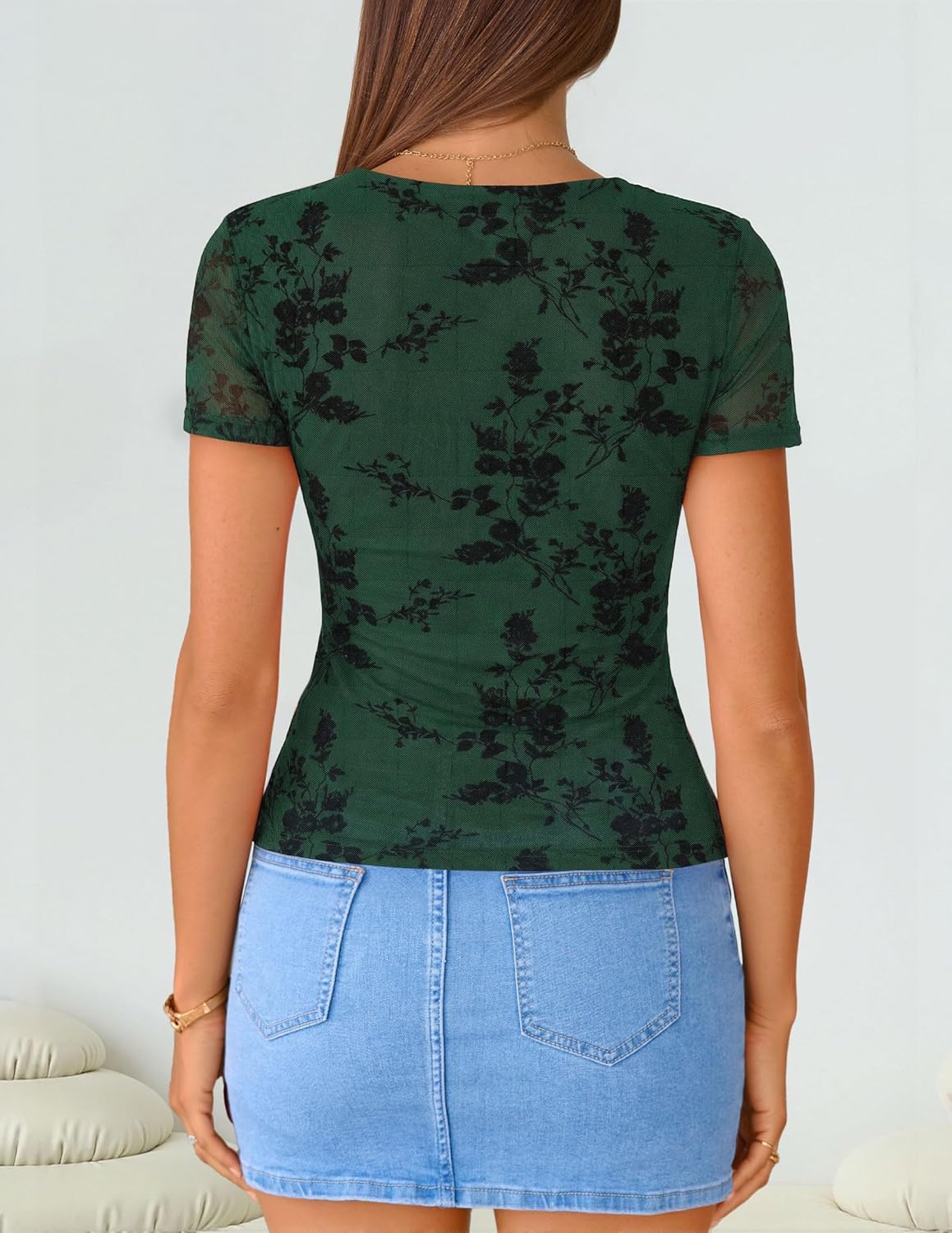 ZESICA Summer Floral Short Sleeve Tops for Womens 2026 Casual Crew Neck Going Out Mesh Shirts Fashion Clothes - Image 2