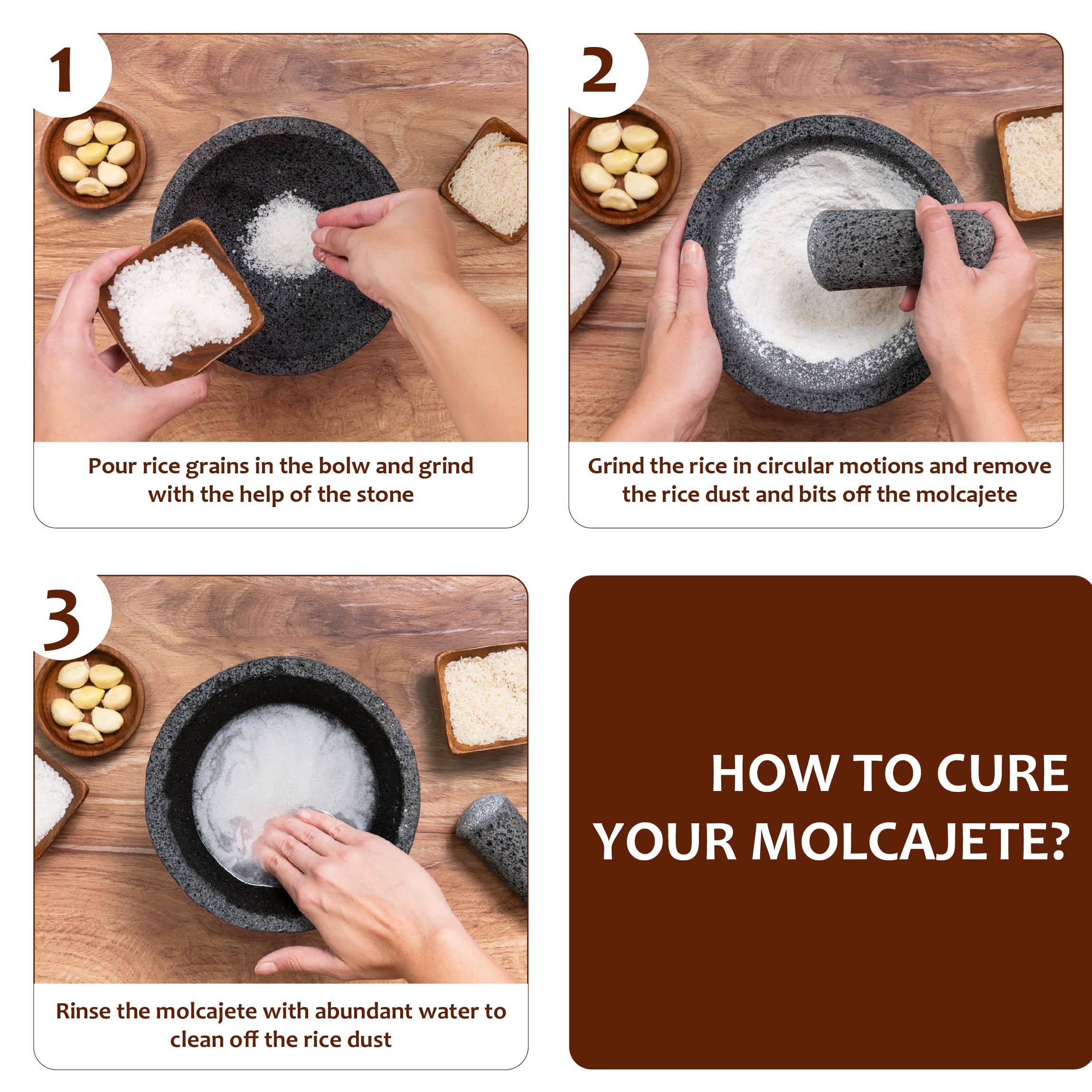 Molcajete mexicano de 8 pulgadas, hecho a mano con piedra volcánica natural, utensilio de cocina artesanal para moler con poros para triturar, especialmente diseñado para moler especias, salsas y