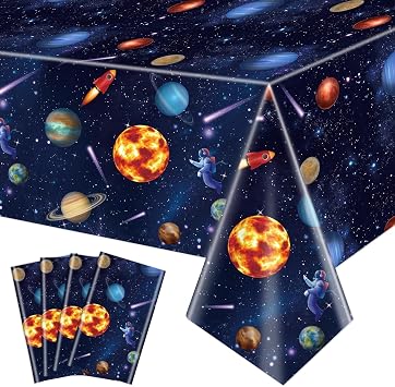 4 Pack Outer Space Tablecloths - Solar System Table Covers, 51x87 Plastic Disposable Rectangle Planet Table Cover for Kids Space Theme Birthday Party Decorations, Galaxy Theme Party Supplies
