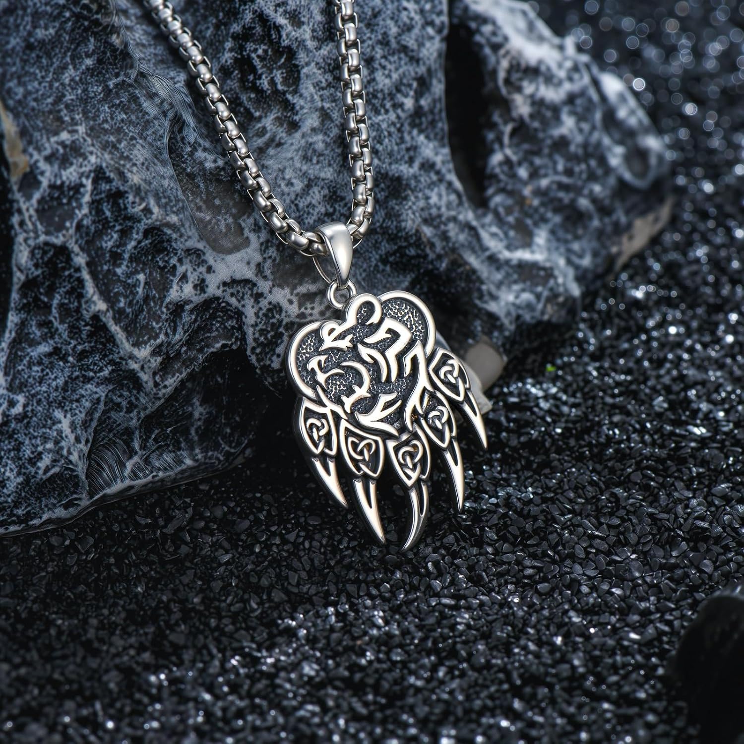 Bear Claw Necklace for Men 925 Sterling Silver Bear Claw Pendant Nordic Viking Jewelry for Men, w/Stainless Steel Chain 22"+2"