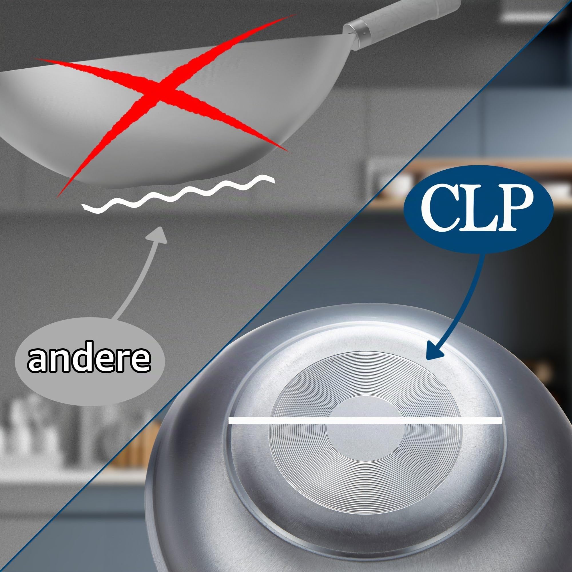 CLP Wok-Set aus Karbonstahl I Flacher oder runder Boden für Gas, Induktion und Grill I Wokpfanne mit Holzgriff, Rezeptbuch & Wokwender Form flach