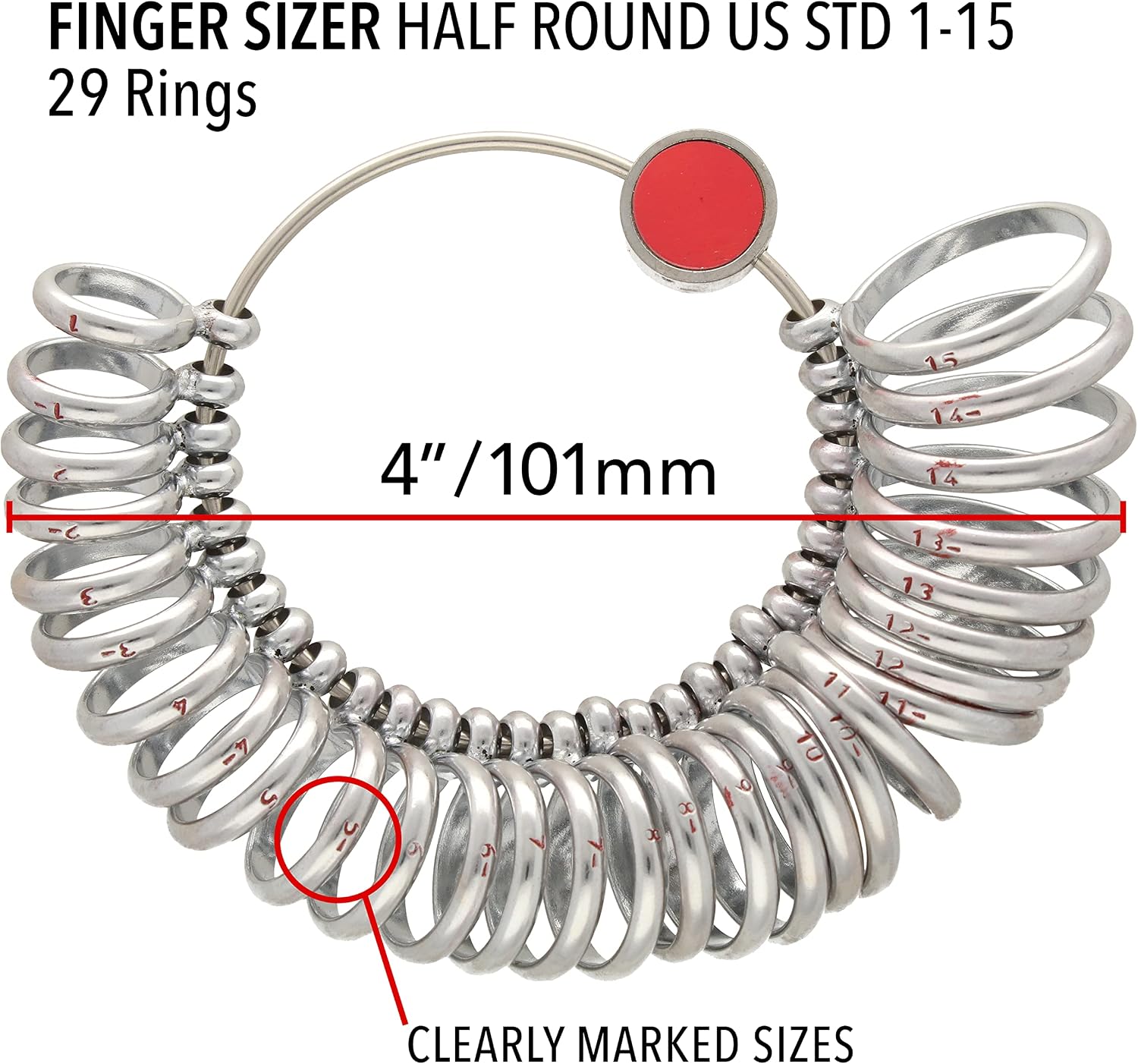The Beadsmith Half-Round Finger Gauge – U.S. Sizes: 1-15, Full and Half Sizes – 29 Steel Rings with Marked Measurements – Tool for Measuring Fingers and Determining Ring Sizes