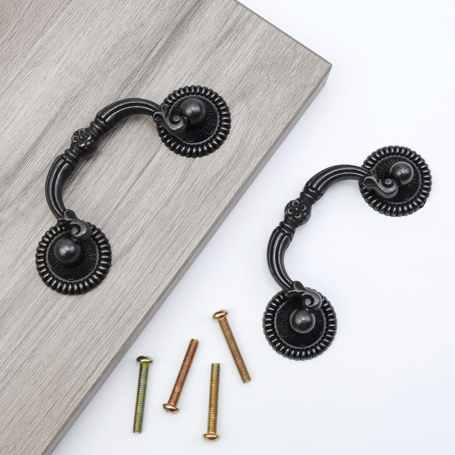 6pcs Vintage Drop-Down Bail Pull Handles 2.5" Hole Spacing Antique Black Down Bail Cabinet Pulls with Mounting Screws