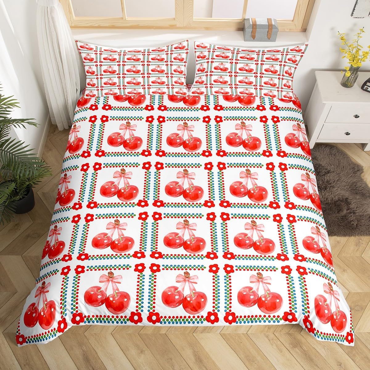 Manfei Cherry Bow Toddler Size Duvet Cover,Sweet Cherry Fruits Princess Style Bowknot Duvet Cover for Kids Teens All Season,Red Daisy Flowers Squares Patchwork Bedding Set,No Comforter