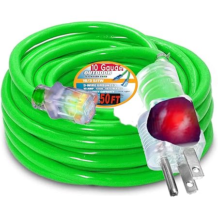 10 3 Contractor Grade 50 ft 10 Gauge Power Extension Cord 10/3 Plug Extension Cord with Lighted Ends 10 Gauge Extension Cord 50 ft Outdoor Heavy Duty 10/3 Extension Cord 50 ft, Green
