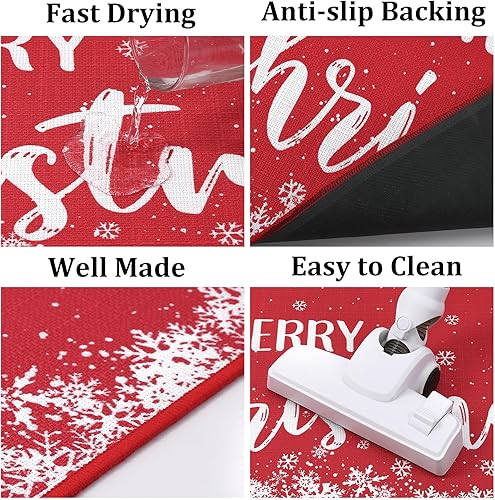 Miniatura 4 de CAROMIO Juego de 2 tapetes de cocina de Navidad, con texto en inglés "Merry Christmas" y copos de nieve, antideslizantes, para decoración del hogar,