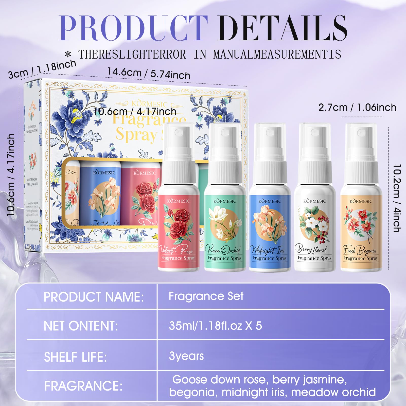 Set Profumi Donna, Acqua Corpo Profumata Donna, Acqua Profumata Corpo, Mini Profumi con Rosa, Agrumi, Begonia, Lris, Orchidea, Fragranzaromantica di Lunga Durata,Formato da Viaggio, 5 * 35ml