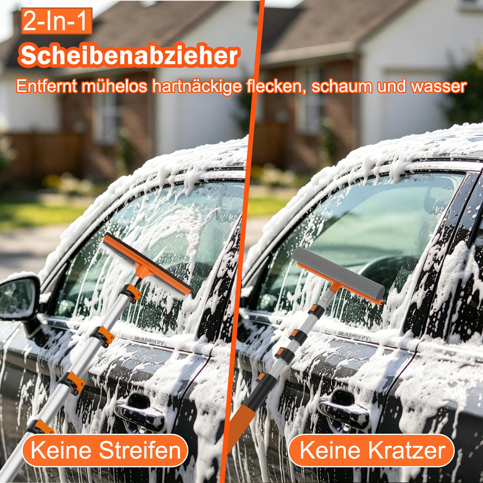 Autowaschbürste mit 5,5 m Reichweite & langem Stab, Autowasch-Set mit 1,2–3,6 m Teleskopstab, Radbürste, Mikrofaser-Wischmopp, Waschhandschuh, Fensterabzieher für PKW, Wohnmobile, LKW & SUV