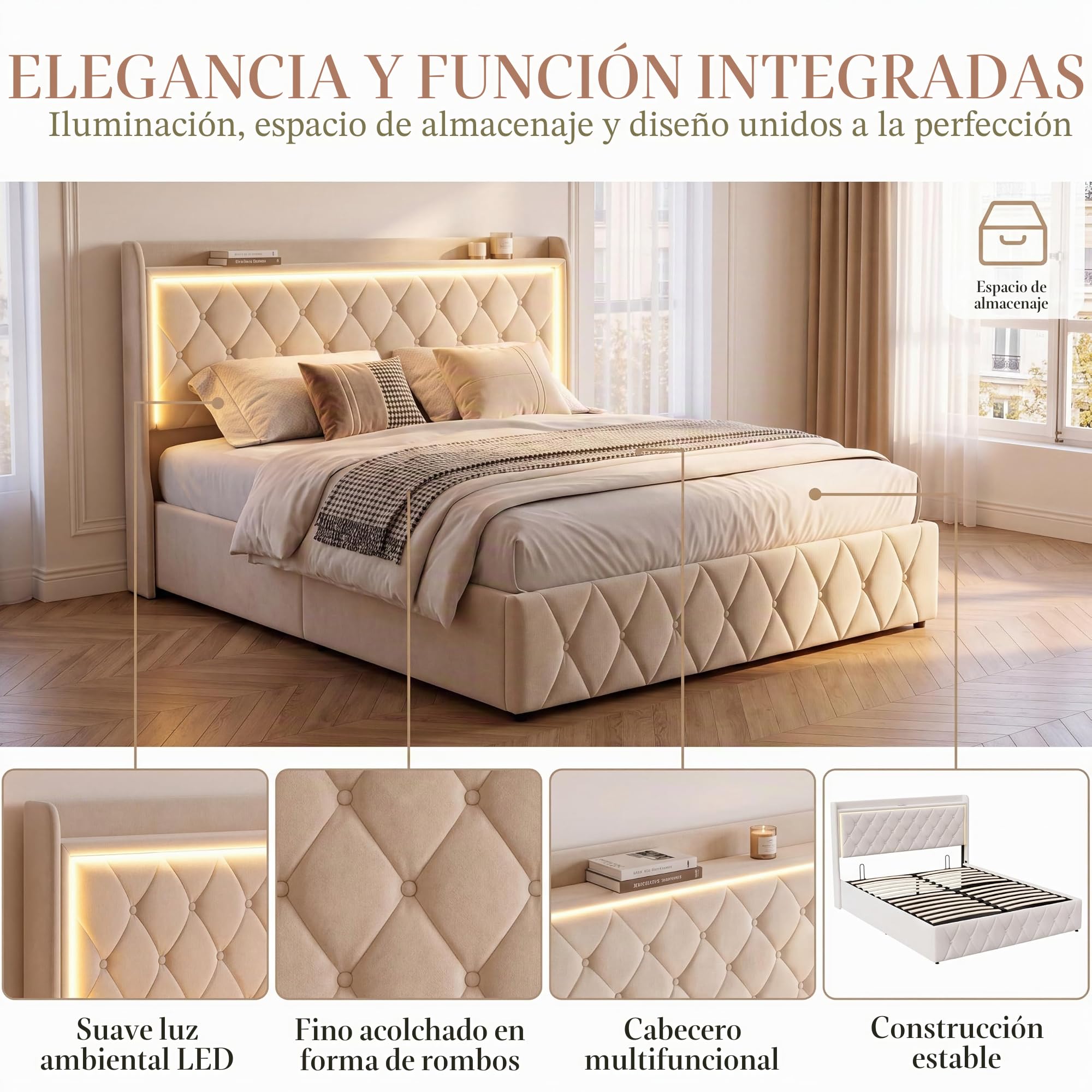 DADEA Cama Matrimonio 140x200 con LED y USB, Camas Matrimoniales con Canapé, Cama Doble Matrimonio Moderna con CabeceroCama Tapizada 140x200 con Almacenaje Camas Adultos con Somier, Sin colchón