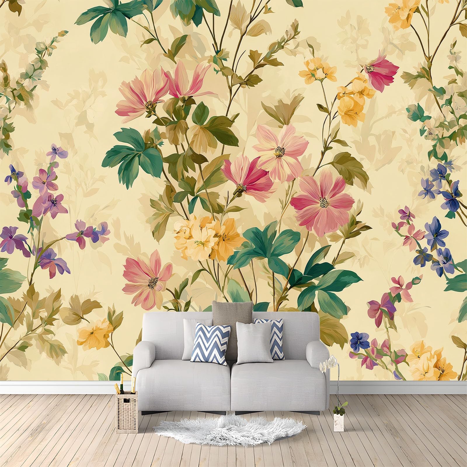 350 x 256 cm, fototapeta z włókniny, efekt 3D, retro, kwiatowa, elegancka fototapeta do salonu, sypialni, tapeta ścienna, kremowa