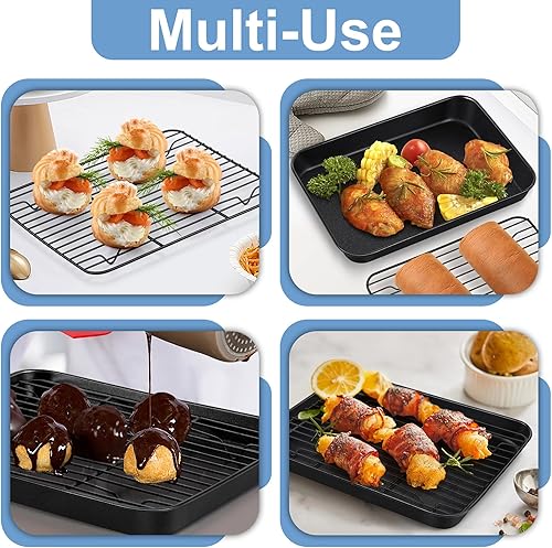 Miniatura 5 de TeamFar Molde para horno tostador con juego de estante, 10.5 x 8 x 1 pulgadas, bandeja pequeña antiadherente para hornear con rejilla